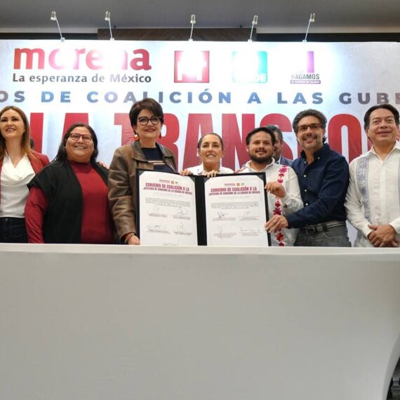 Morena y los partidos Verde Ecologista de México (PVEM) y del Trabajo (PT) firmaron el convenio de coalición para ir juntos en el proceso electoral de 2024 para renovar la Jefatura de Gobierno de la Ciudad de México. FOTO: Morena CDMX