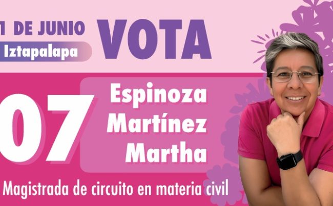 Martha Espinoza Martínez, candidata a magistrada de circuito en materia civil por el Distrito 01 de Iztapalapa, identificada en boleta rosa con el número 07, propone impulsar la creación de un organismo civil, apartidista, ciudadano, para regular la actividad de los abogados en el país y así la justicia funcione.