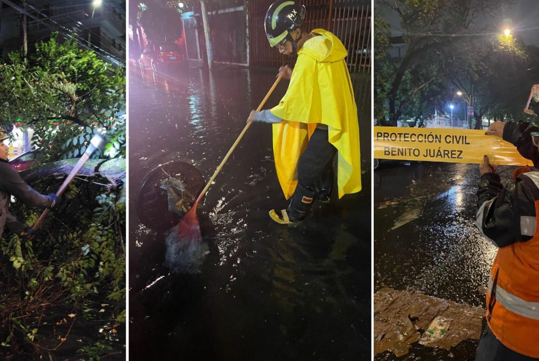 Personal de la alcaldía Benito Juárez de la estrategia Blindar BJ360°, Protección Civil y Servicios Urbanos trabajan ininterrumpidamente desde tarde de ayer para atender los 28 puntos con afectaciones derivadas de las intensas lluvias en la Ciudad.