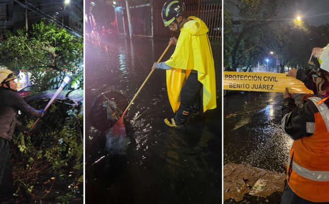 Personal de la alcaldía Benito Juárez de la estrategia Blindar BJ360°, Protección Civil y Servicios Urbanos trabajan ininterrumpidamente desde tarde de ayer para atender los 28 puntos con afectaciones derivadas de las intensas lluvias en la Ciudad.