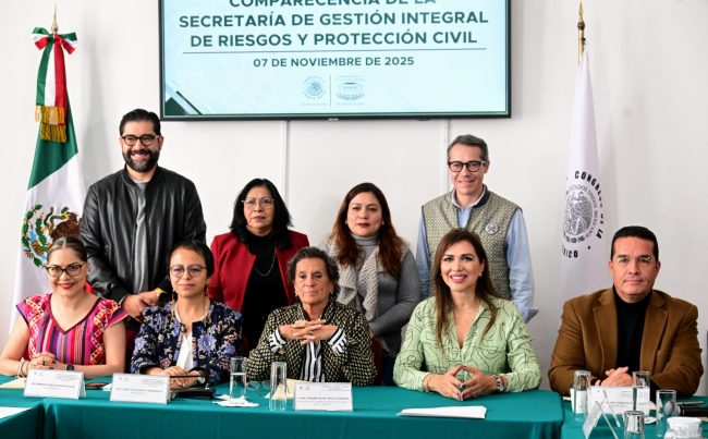 La titular de la Secretaría de Gestión Integral de Riesgos y Protección Civil, Myriam Urzúa Venegas, compareció ante la Comisión de Gestión Integral de Riesgos y Protección Civil del Congreso local, como parte de la glosa del Primer Informe de la jefa de Gobierno, Clara Marina Brugada Molina.
