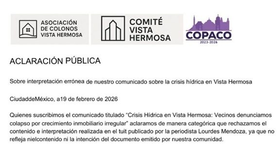 En una aclaración pública, los vecinos, junto con el Copaco de la colonia, “rechazamos de manera categórica el contenido e interpretación realizado en el tuit publicado por la periodista Lourdes Mendoza ya que no refleja ni el contenido, ni la intención del documento emitido por nuestra comunidad”. FOTO: Especial