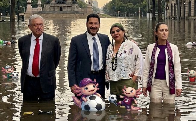 Ni los gobiernos federal de AMLO ni de Sheinbaum, ni las etapas en el GCDMX de la propia Sheinbaum y de Martí Batres se ocuparon de iniciar obra alguna con motivo del Mundial de futbol. Le dejaron todo a Clara Brugada, que hizo lo que pudo. FOTOS: Archivo - IMAGEN: modificación con IA Gemini
